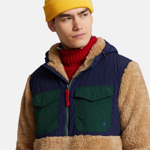 Polo Ralph Lauren Colorblock Pile Fleece Hybrid ½ Zip Pullover Jacket in Camel - Picture 5 of 12